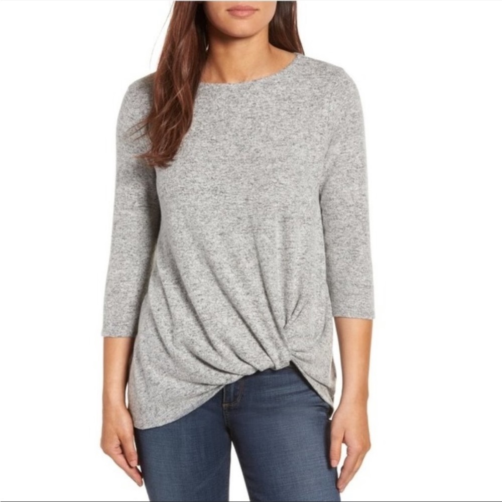 Gibson Cozy Twist Front Heather Gray 3/4 Sleeve Pullover Sweater X-Small